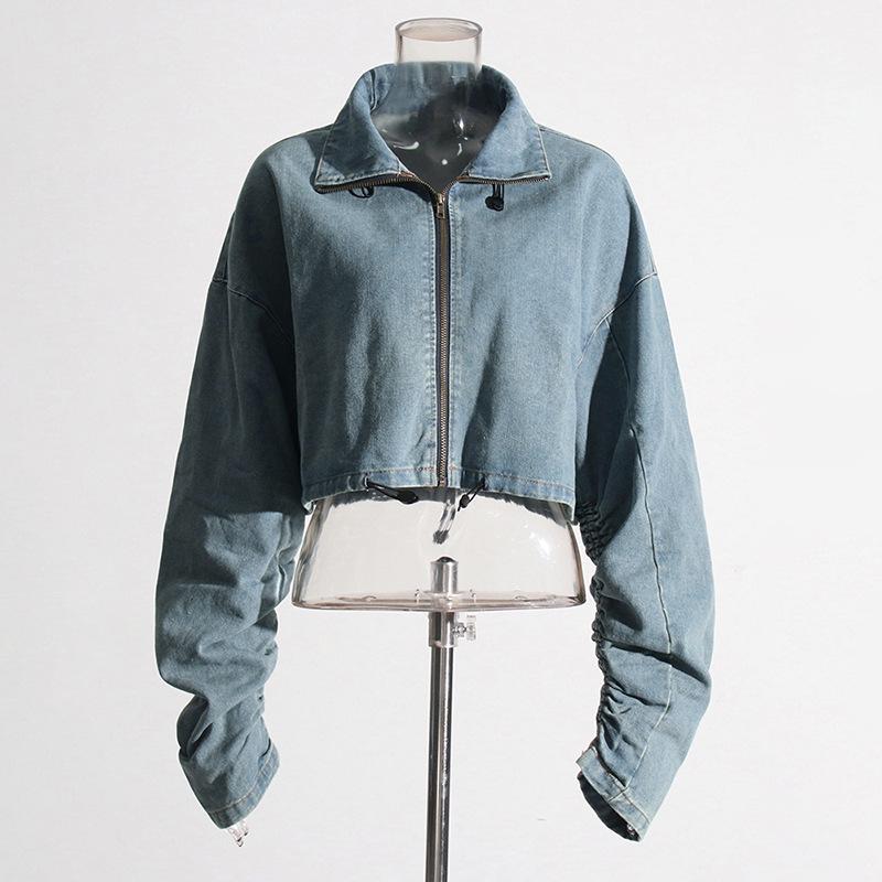 European & American Retro Workwear Denim Suit with Long-Sleeved Crop Top & High-Waist Wide-Leg Pants for Spring/Summer 2025.