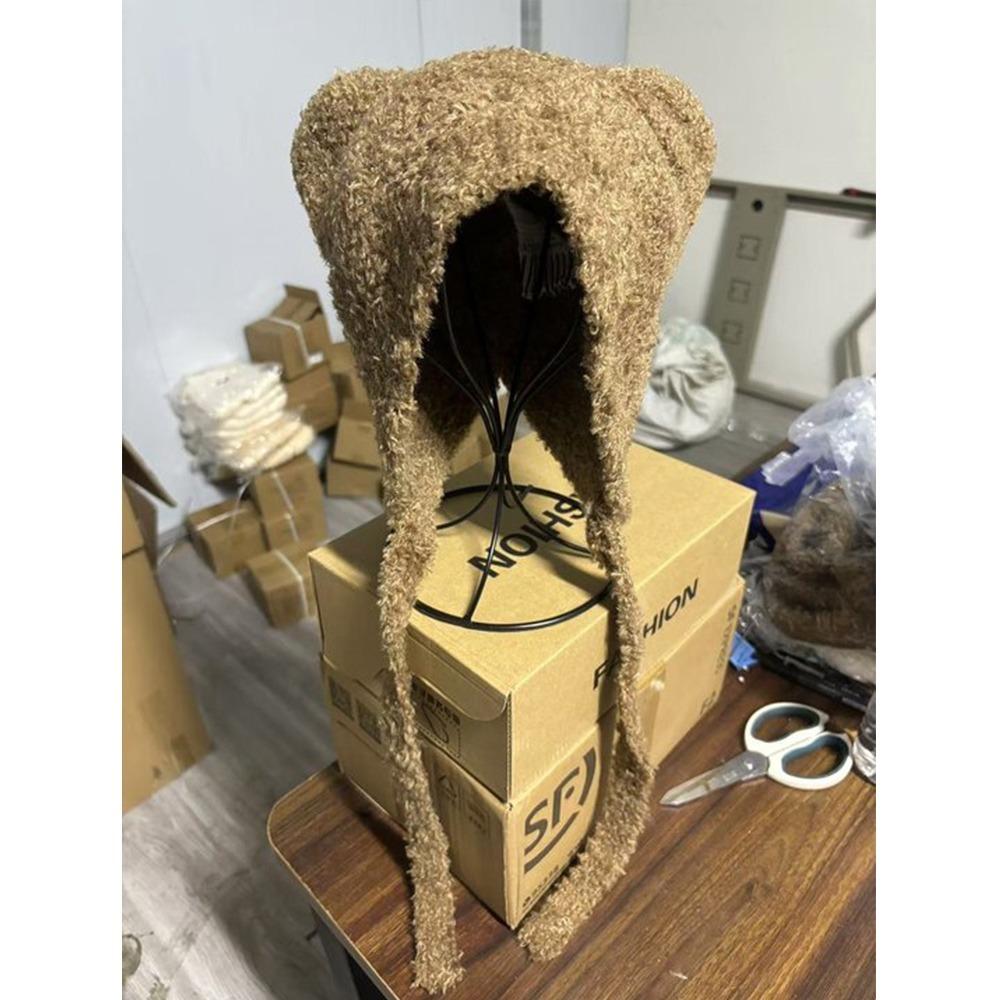 Милая плюшевая вязаная шапка с медведем Harajuku Y2K шапки-бини модная шапка с ушками медведя из овечьей шерсти для девочек