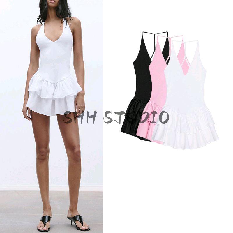 Spring and Summer Women Clothes Laminated Decorative Hem Patchwork Hanging Collar Fashion Sleeveless Short Dress 4174376