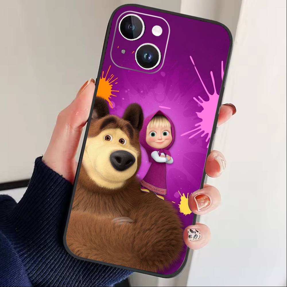 Милый чехол для телефона Маша и Медведи Для iPhone 16,15,14,13,12,17,Pro Max,Plus Силиконовый Черный Чехол