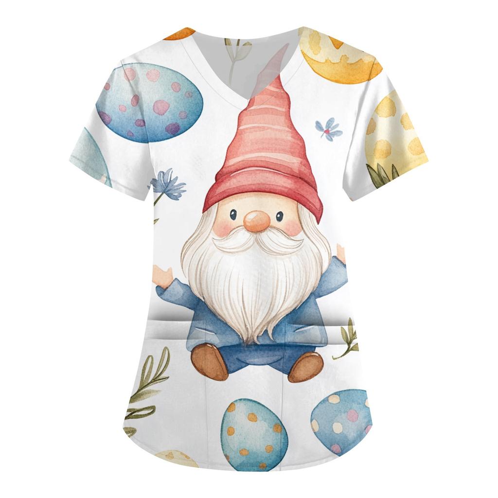 Женская модная рабочая одежда с V-образным вырезом и короткими рукавами, с карманами, с принтом в виде пасхального топа, одежда для ухода