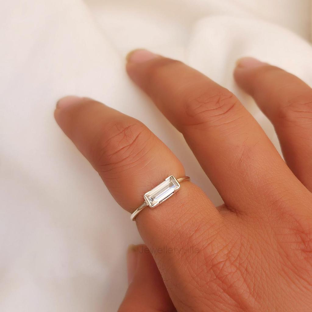 Baguette Clear White Topaz Sterling Silver Ring Jewelry, White Diamond Statement Ring Jewelry