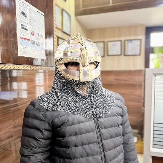 Medieval Viking Helmet Norse Warrior Armor Helmet with Chainmail  18 Gauge Steel  Brass, Polished Finish