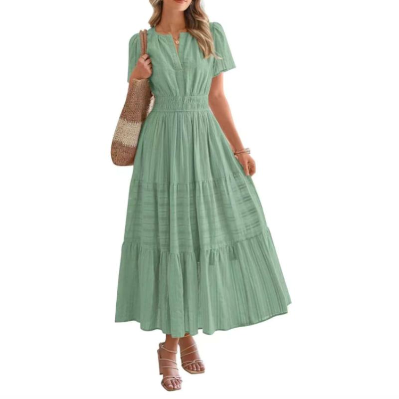 Женское платье с V-образным вырезом, плиссированными рукавами-фонариками, короткими рукавами, уличное модное платье