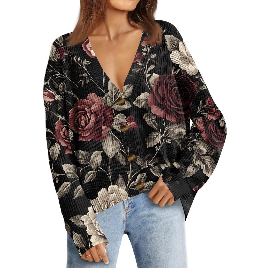 Женский модный кардиган с длинным рукавом, принтом, V-образным вырезом, на пуговицах, свободного кроя