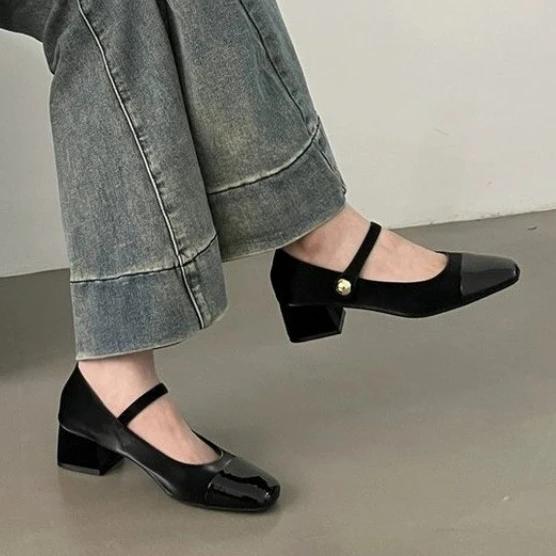 Fashion Thick Heel Mary Jane Single Shoes Women's New Spring French Mid Heel Evening Black Square Head Small Leather Shoes