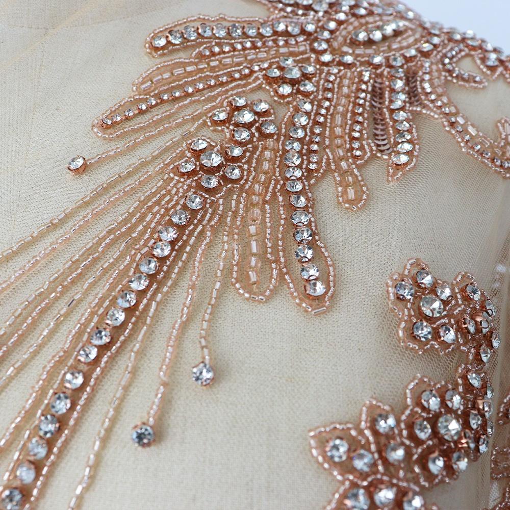 W027 Bling Beaded Dress Applique Lucky Girl Bodice Rhinestone Applique and Trimming for Dress