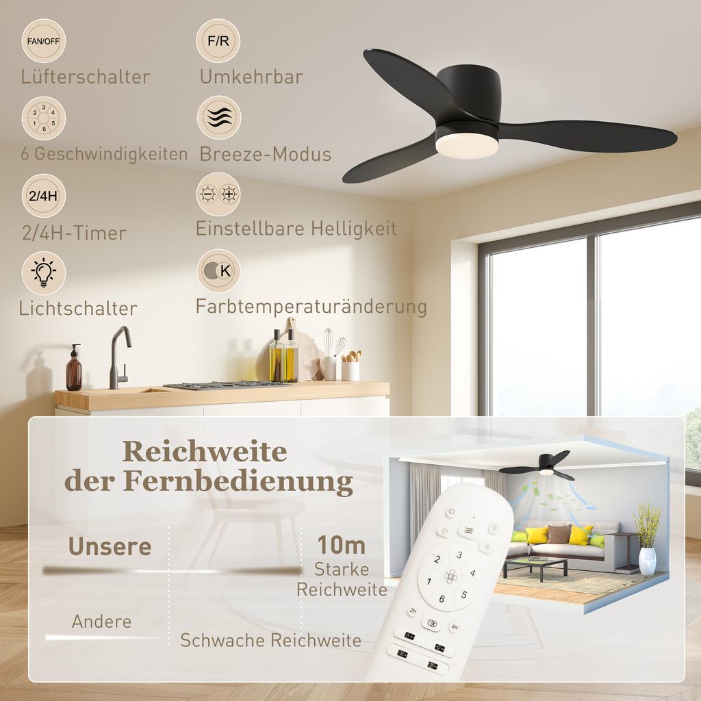 Ceiling Fan with Light and Remote Control, 3 Light Colors, 6 Speeds, Adjustable Brightness, Black