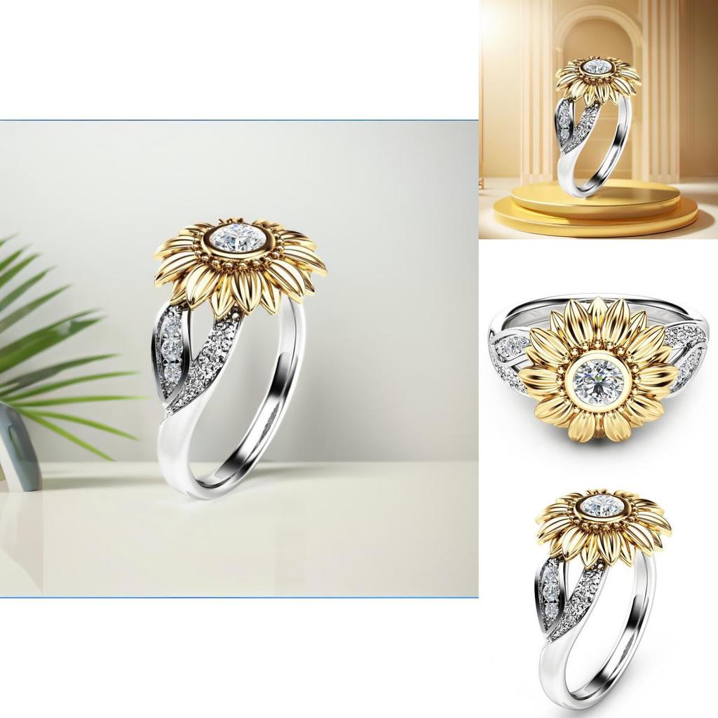 Stylish Copper Sunflower Ring With Gold Plating And Gemstone Inlay For Birthdays