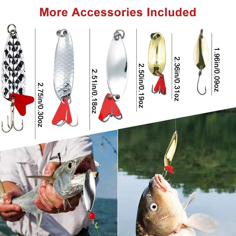 10Pcs Fishing Metal Spoon Lure Kit Set Gold Silver Baits Sequins Spinner Lures with Box Treble Hooks Fishing Tackle Gear