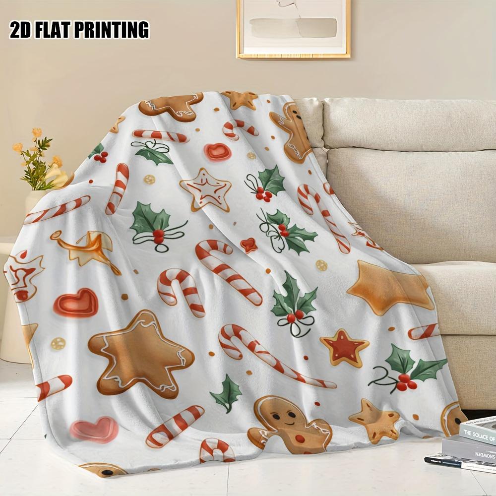 Gingerbread Man Christmas Flannel Throw Blanket, Candy Cane Holly Print Soft Warm Cozy Blanket for Sofa Bed Winter Holiday Xmas Home Decor Gift