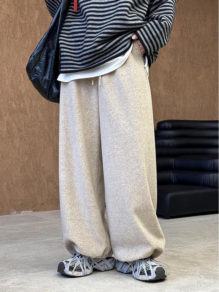 Juzhi 2024 Autumn/Winter Korean High-Waist Slim Casual Retro Plus Velvet Wide-Leg Pants