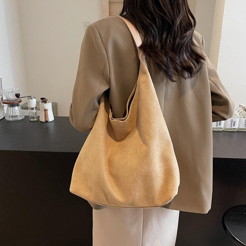 Women Suede Shoulder Bag Retro Single Shoulder Bag Large Capacity Simple Tote Handbag Solid Color Hasp Closure Top Handle Bag