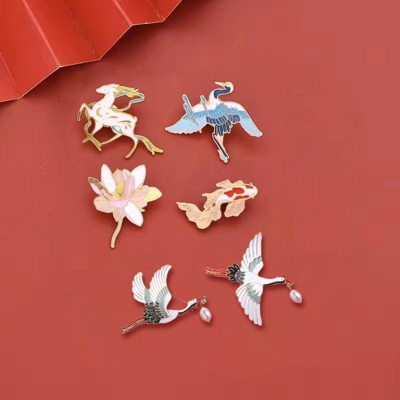 Women's Chinese Style Crane Enamel Brooch Pin for Hanfu Clothing