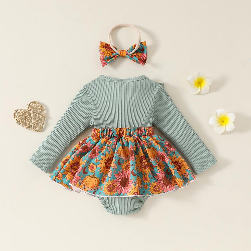 Baby Girl Fall Outfit, Flower Print Ruffle Trim Long Sleeve Romper Dress Bow Headband 2 Piece Set