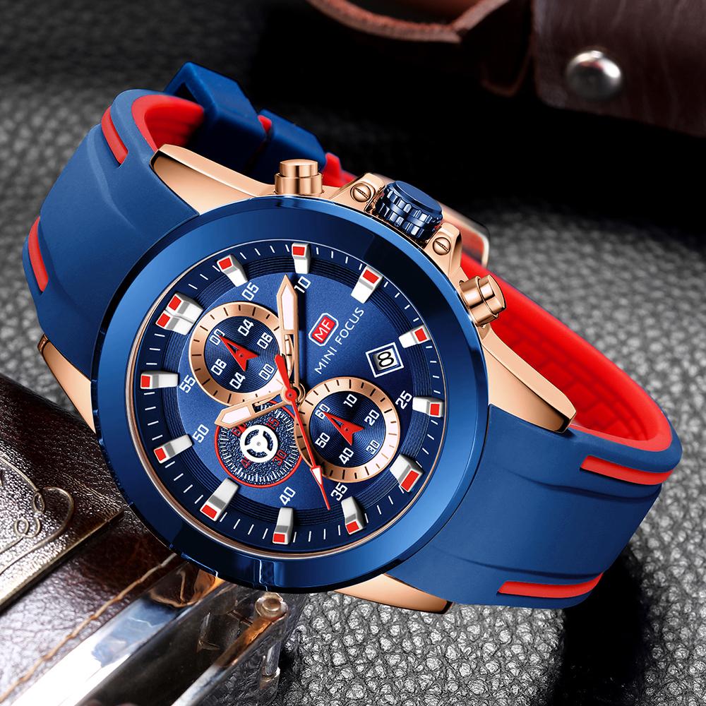 MINI FOCUS Trendy Casual Men Quartz Watch Fashion Streetwear Style Luminous Waterproof Wristwatch with Soft Silicone Strap 0287G