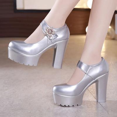 Маленький размер 32-43 Мягкая кожа Серебристо-белые Свадебные туфли Невеста 2025 Женские Туфли на блочном высоком каблуке Туфли-лодочки на платформе Модель Вечеринка