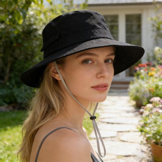 Fisherman Hat Wide Brim Adjustable Drawstring Windproof Buckle Bucket Hat Outdoor Travel Hiking