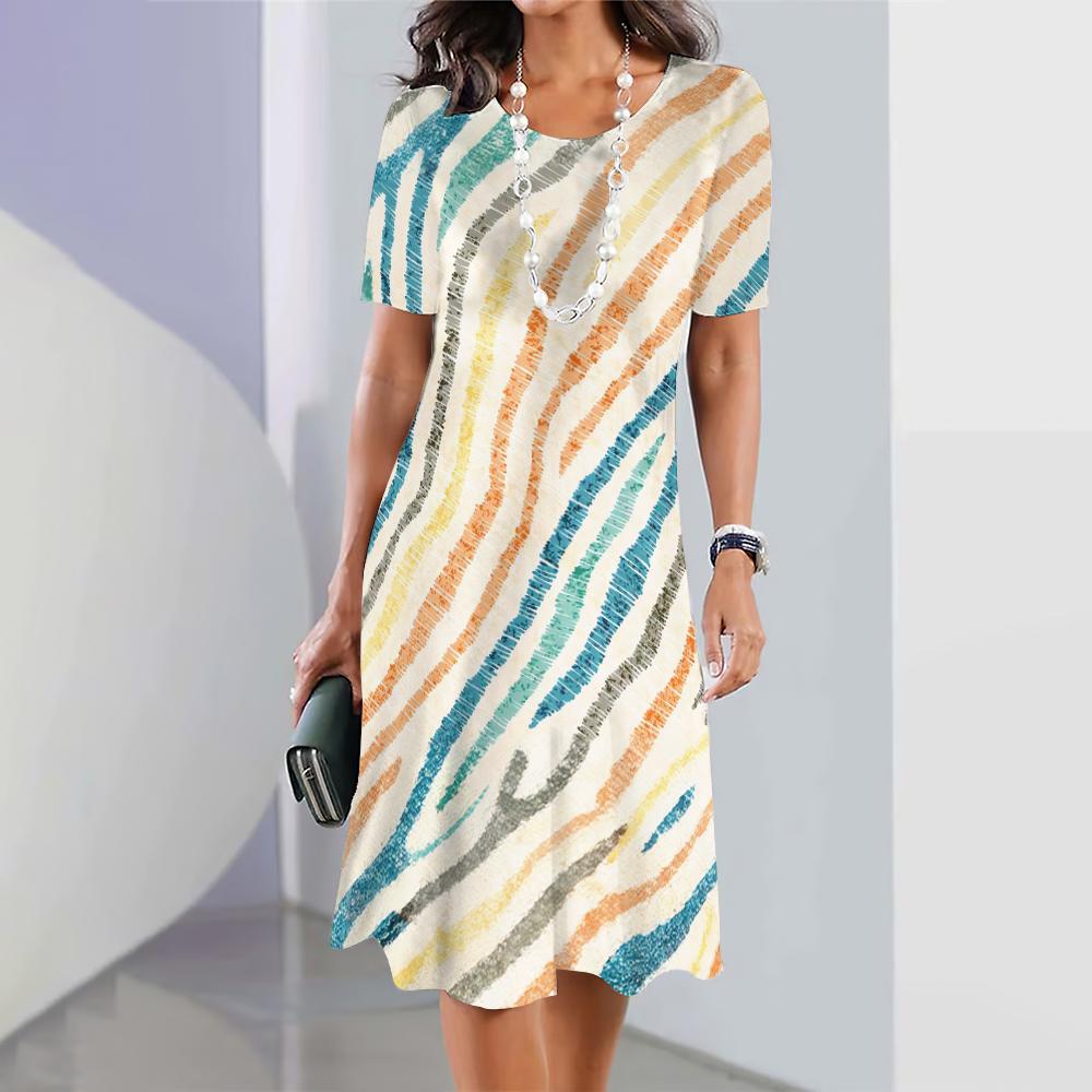 Летняя женская одежда Свободная юбка А-силуэта с короткими рукавами Стильное платье с 3D-нерегулярным принтом Женская одежда Платья с круглым воротником