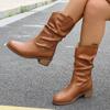 Fashion Brown Pu Leather Mid Calf Boots Women Autumn Winter Vintage Chunky Heeled Cowboy Boots Woman Loose Tube Pleated Western Booties