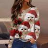 Women's Fashion Hem Slit Casual Christmas Printed Round Neck Long Sleeve Top