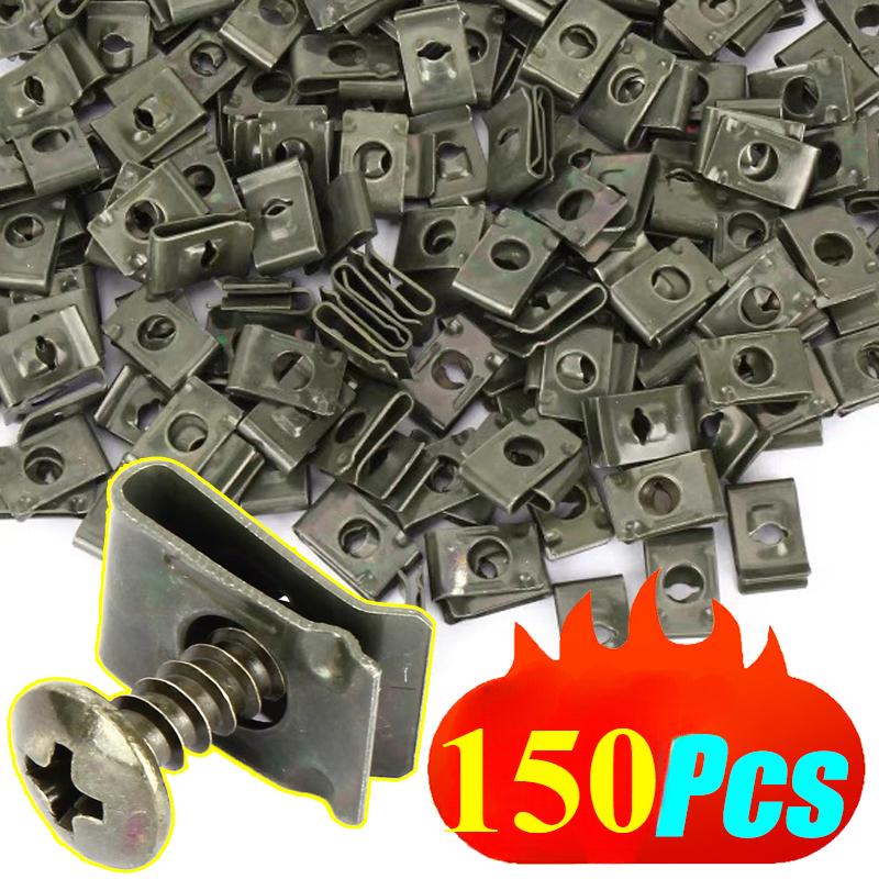 150Pcs Car Metal Screw Fastener U-Type Clips Anti-rust Clamp Fastener Bumper Fender Trim Panel Fastener Board Clip Accessories