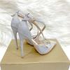 Fashionable New Silver Colored Diamond Mesh High Heels, Women's Thin Heeled Pointed Shoes, Cross Strap Sandals