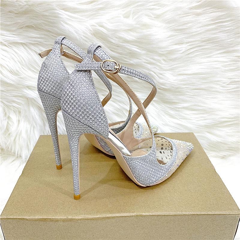 Fashionable New Silver Colored Diamond Mesh High Heels, Women's Thin Heeled Pointed Shoes, Cross Strap Sandals