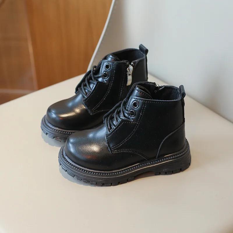 Детские ботильоны, модные универсальные мотоциклетные ботинки для мальчиков и девочек, однотонные, 2024, новые детские короткие ботинки из искусственной кожи, толстая подошва