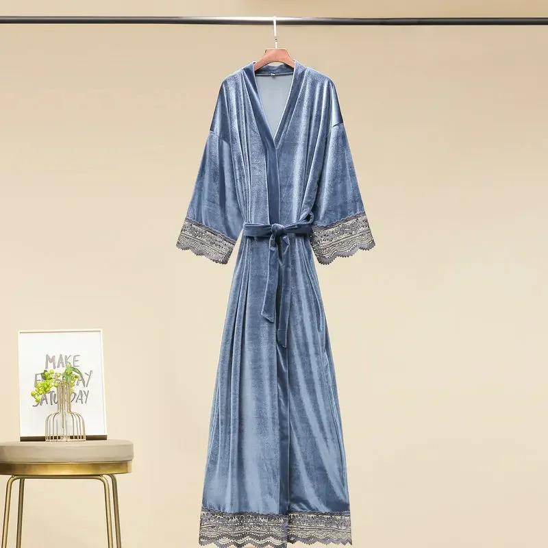 Long Velvet Robes with Lace Robe Women Bride Bridesmaid Kimono Bathrobe Party Soft Lady Wedding Homewear Warm Velvet Robe Gown