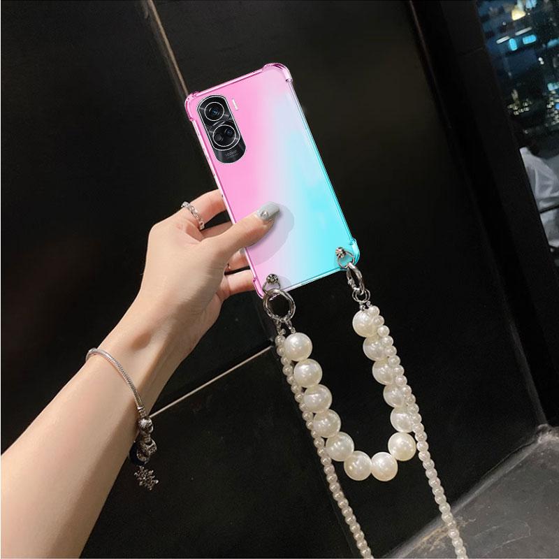 Прозрачный чехол с градиентом для Honor 90 Pro 80 70 60 50 40 30 20 Pro Plus Ultra Crossbody, жемчужный ремешок, ожерелье, браслет, противоударный прозрачный мягкий чехол