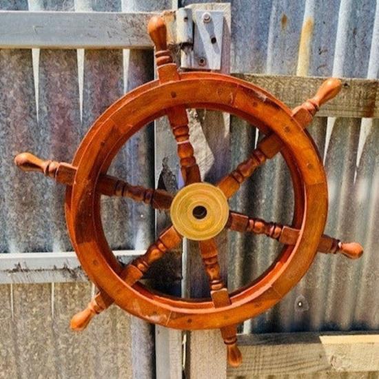 45.72 Cm Wood Brass Sailing Ship Wheel Wall Decor