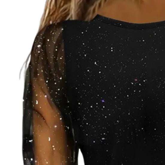 Женская футболка с круглым вырезом, прозрачные блестящие топы с длинным рукавом, однотонные, свободного кроя, повседневные топы для повседневной носки