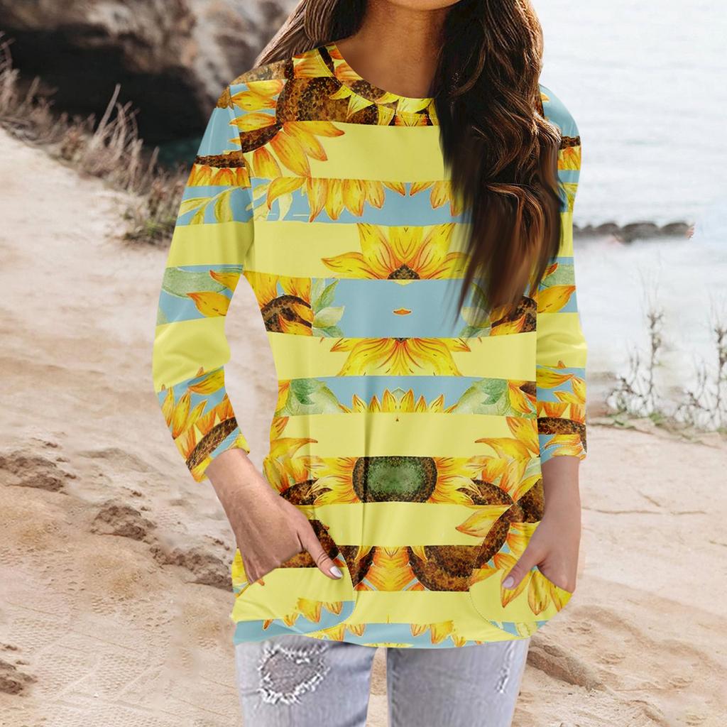 Женская модная повседневная футболка с карманом и круглым вырезом с рукавами 3/4 и топом