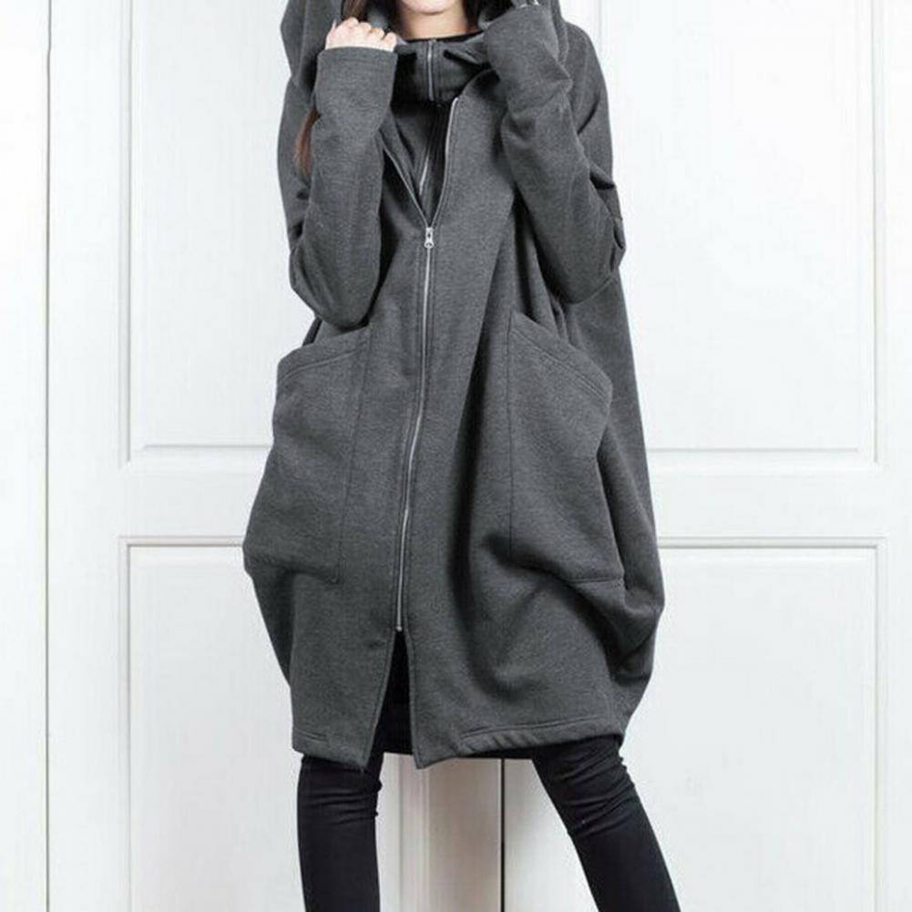 Women Hooded Long Sleeve Sweatshirt Coat Zipper Placket Big Pockets Fake Two Pieces Solid Color Mid-length Hoodie Jacket
