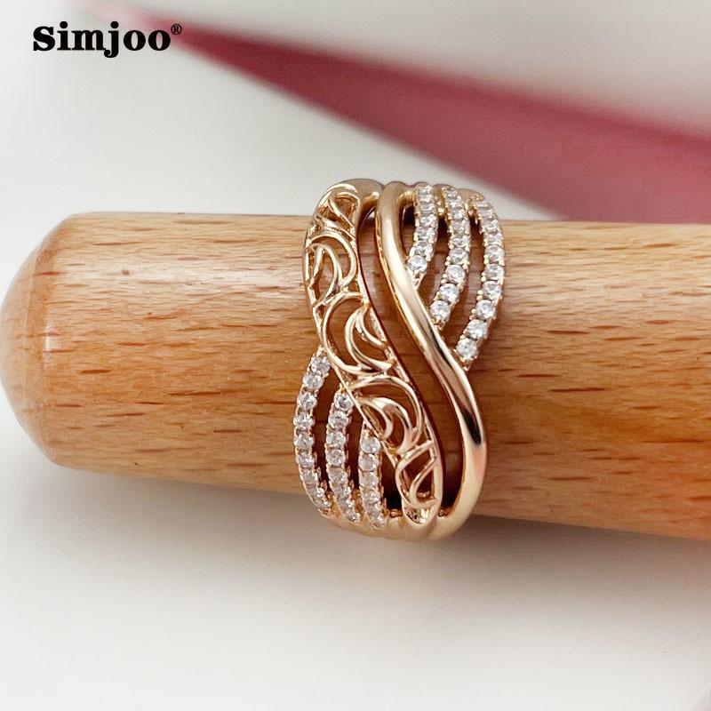 SIMJOO Fashionable Copper Inlaid Zircon Ring Simple Design Hollow Pattern for Ladies Ring