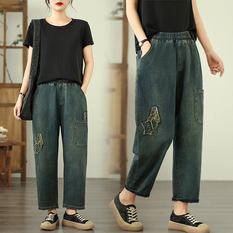 Dimanaf 2025 Летние джинсы больших размеров для женщин, эластичные базовые длинные брюки, джинсовые свободные шаровары, повседневные синие брюки