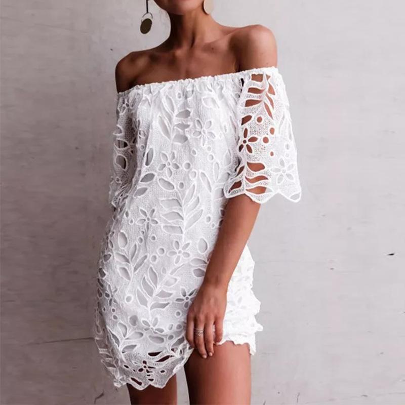 Spring and summer new European and American solid color lace medium sleeve commuter dress tube top fashion short skirt