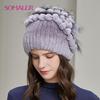 SOMALER Womens Real Genuine Rex Rabbit Fur Hats Russian Winter Knitted Skullies Beanies for Elegant Ladies