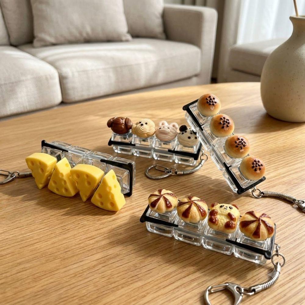 Finger Button 4 Key Mechanical Keychain Pressable Toy Mini Bread Model Pendant Kids Gift