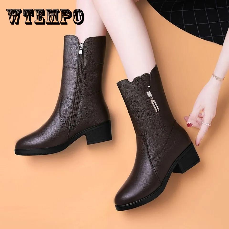 Autumn and Winter Plus Velvet Warm Soft Leather Mid-tube Boots Mid-heel Cotton Boots