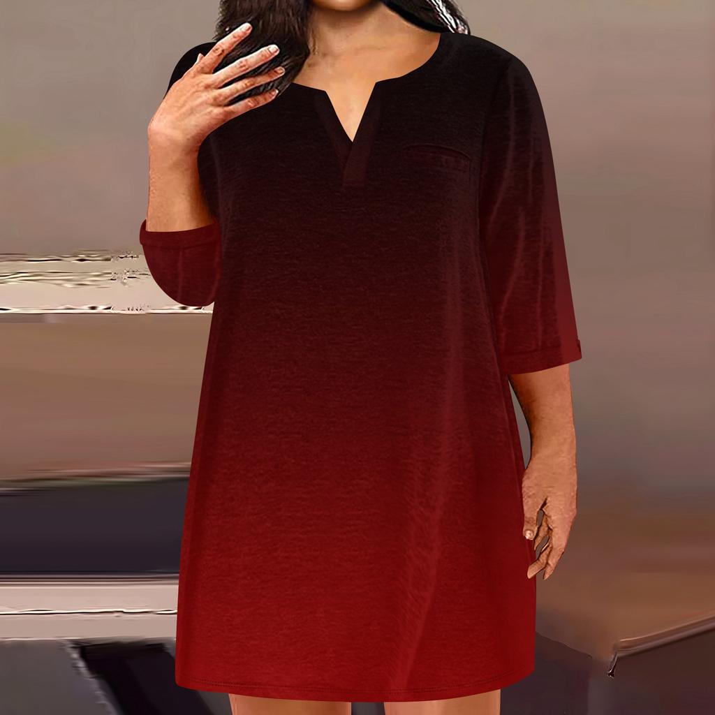 Women's Fashion Plus Size V-Neck Seven Sleeve Casual Printed Loose With Pockets Dresses