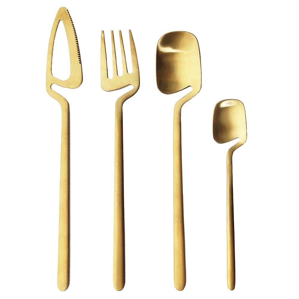 JANKNG Matte Black Dinnerware Sets Kitchen Decor Spoon Fork Knife Tableware Set Gold Cutlery Ice Cream Soup Coffee Use