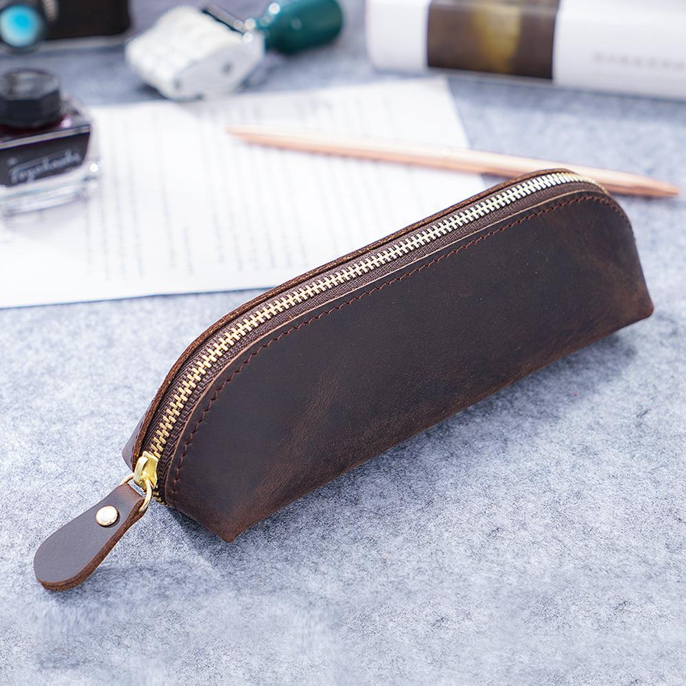 Vintage Zipper Leather Pencil Case Perfect Size Storage for Men & Women Stationery & Makeup Utensils