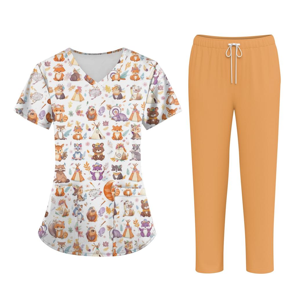 Плюс размерСкраб с принтом Рабочая форма Топы для женщин Крест V-образным вырезом Хэллоуин Принт с короткими рукавами Забавные футболки Спецодежда Футболка с карманами