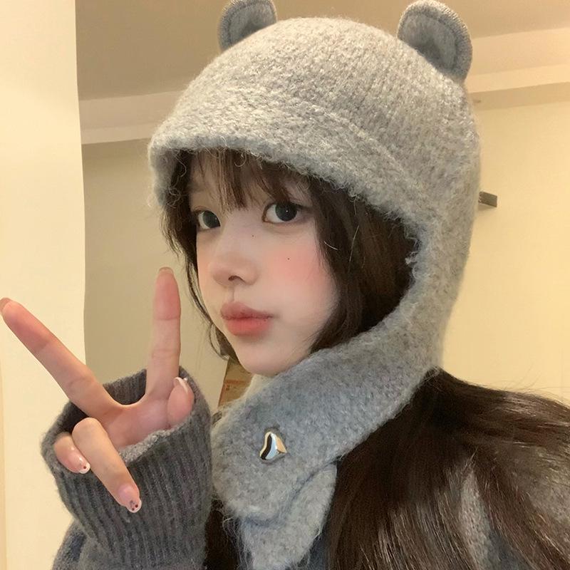 Women’s Knitted Bear Ear Lei Feng Hat - Warm, Cute, Fashionable Wool Hat for Autumn and Winter