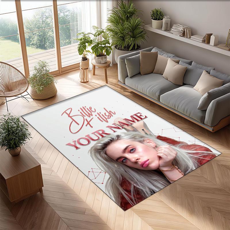 Billie Eilish Crystal Velvet Rug, Custom Name Text Personalized Non‑Slip Floor Mat for Home Decor Gift