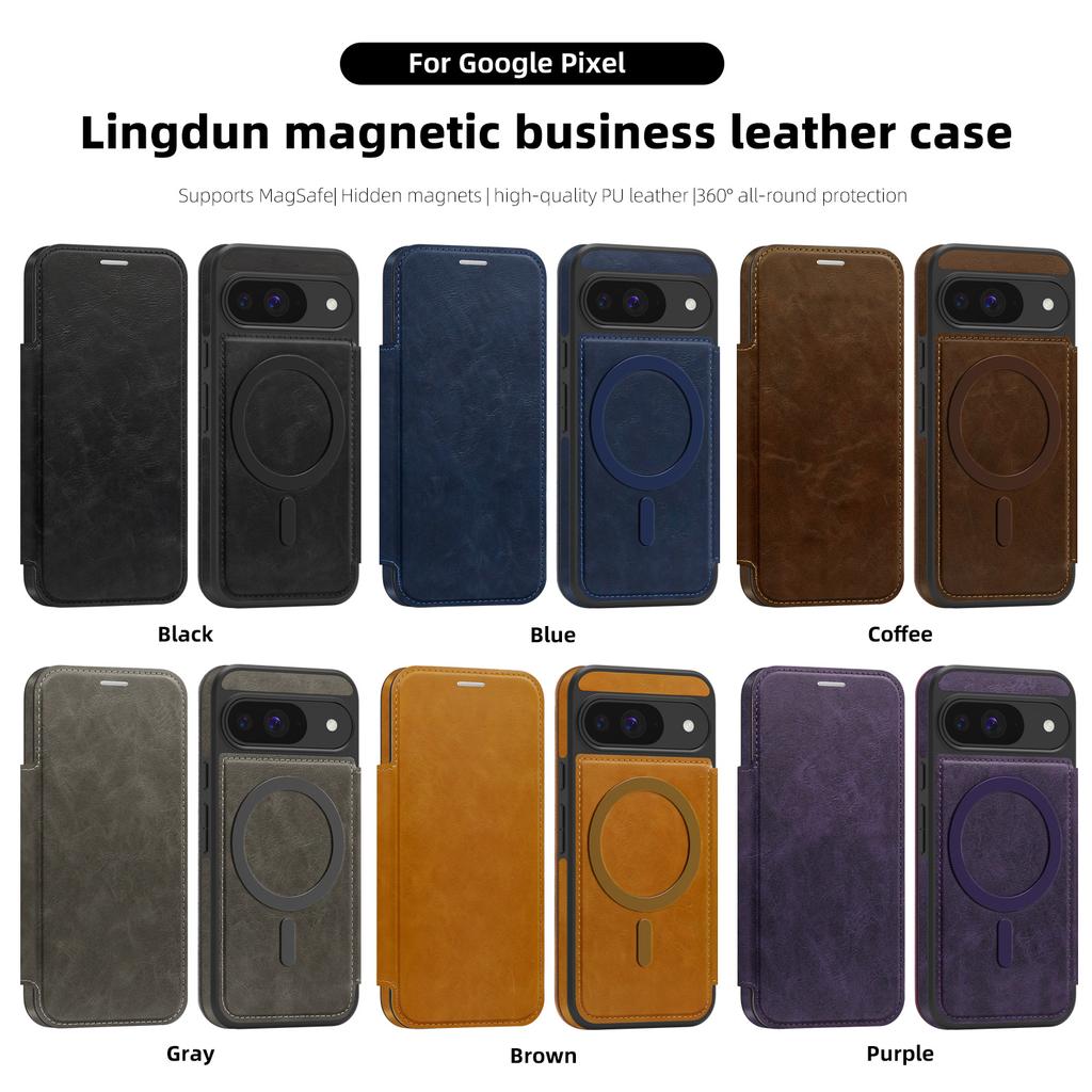 Для Google Pixel 8, 9, 10 серии. Чехол-книжка Lingdun Magnetic Business Leather Case-MagSafe-совместимый со встроенными слотами для карт и блокировкой RFID