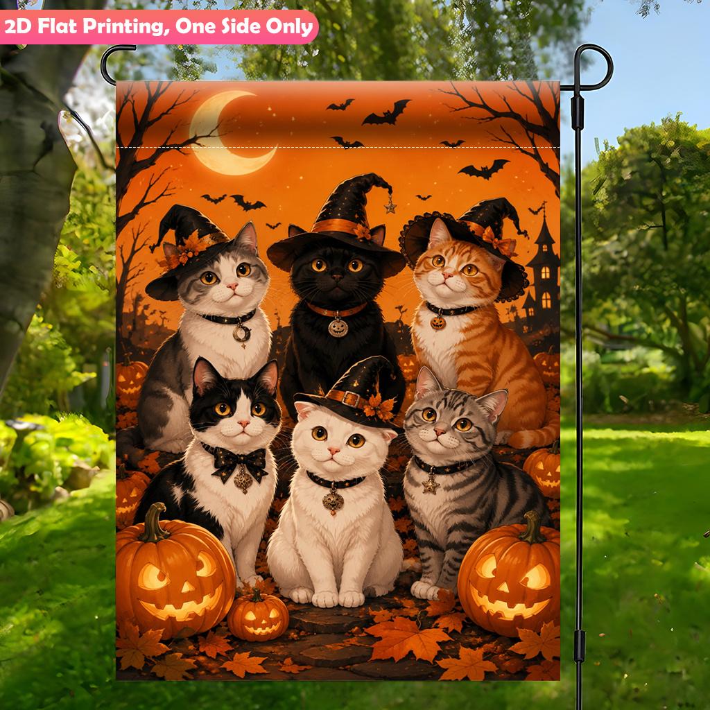 Halloween Cats Gather Together Durable Garden Flag - Polyester, Outdoor Yard Decor