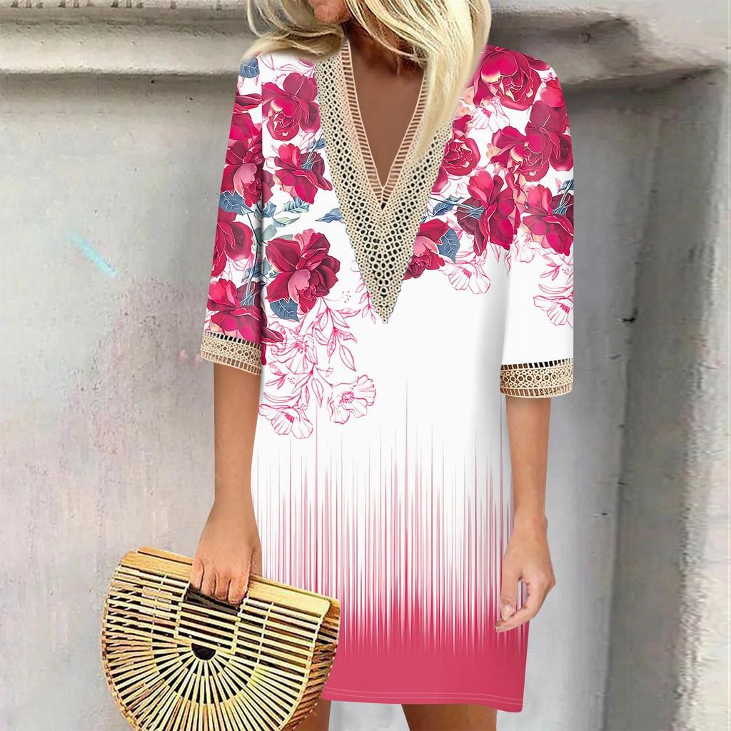 Летние платья для женщин, модное повседневное свободное кружевное платье с V-образным вырезом и рукавами 3/4 с принтом